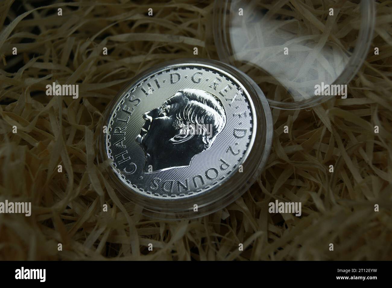 Silver coin 2 pounds King Charles III. British silver investment coin in capsule. Investments