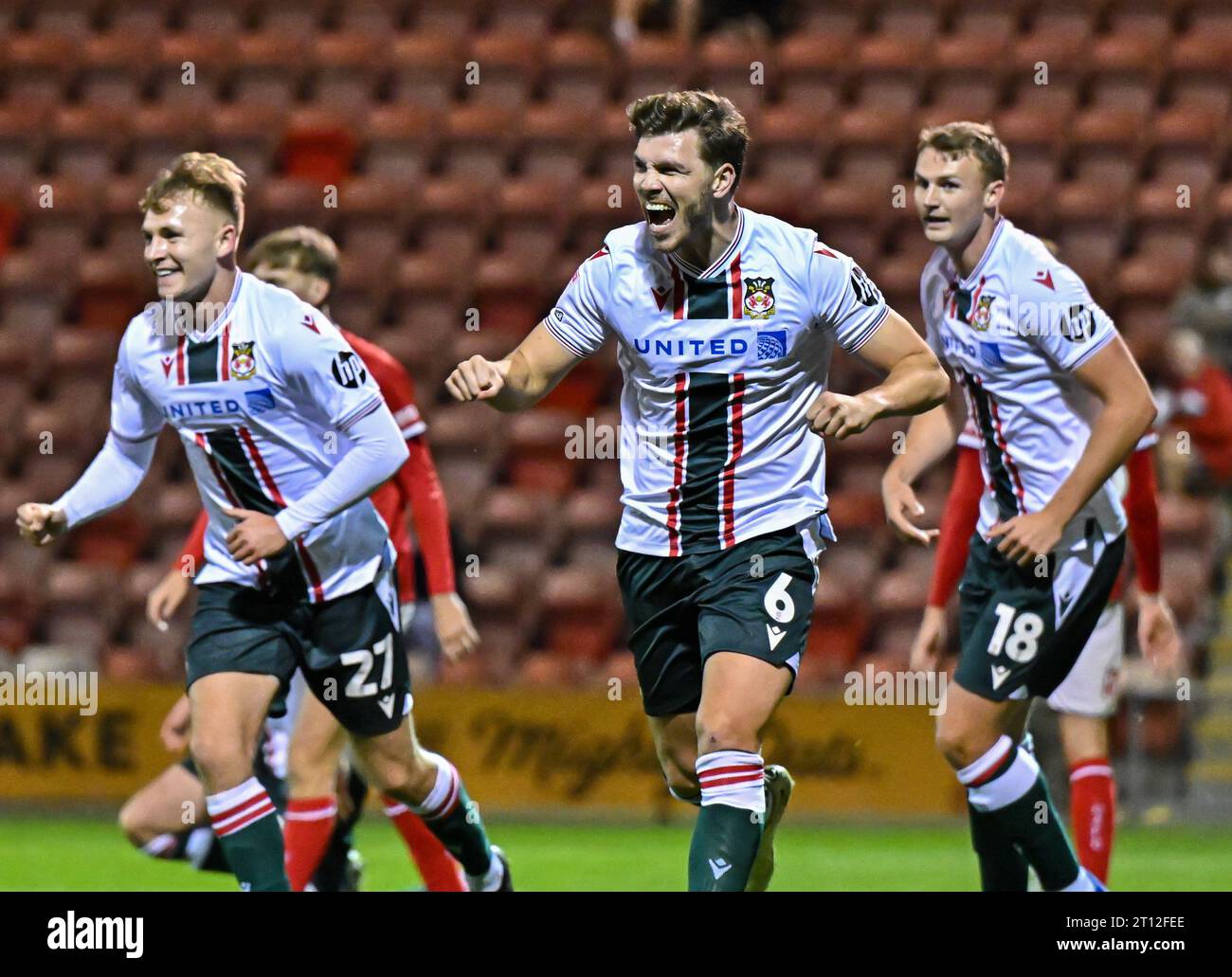 Crewe, UK. 10th Oct, 2023. Jordan Tunnicliffe 6 of Wrexham Association Football Club celebrates Crewe, UK. 10th Oct, 2023. Jordan Tunnicliffe 6 of Wrexham Association Football Club celebrates
