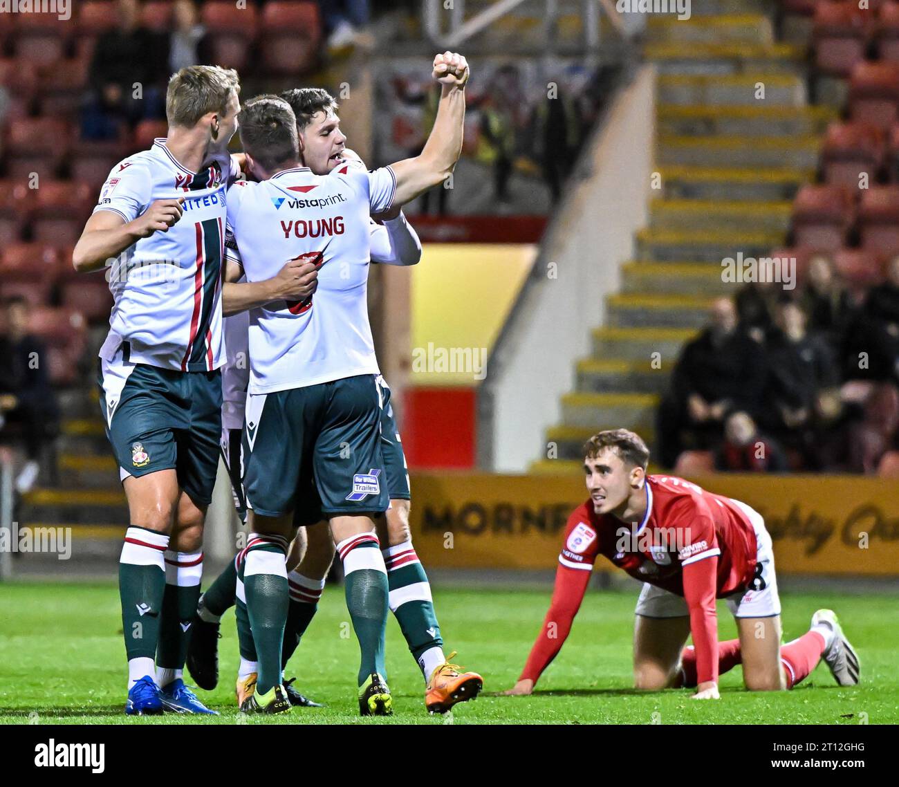 Crewe, UK. 10th Oct, 2023. Jordan Davies 7 of Wrexham Association Football Club celebrates Crewe, UK. 10th Oct, 2023. Jordan Davies 7 of Wrexham Association Football Club celebrates
