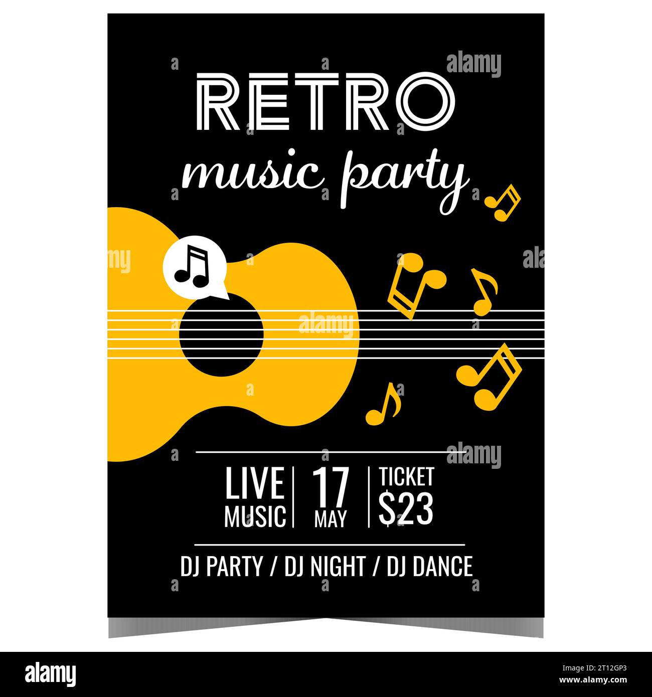 Retro music party poster with yellow guitar and musical notes on black