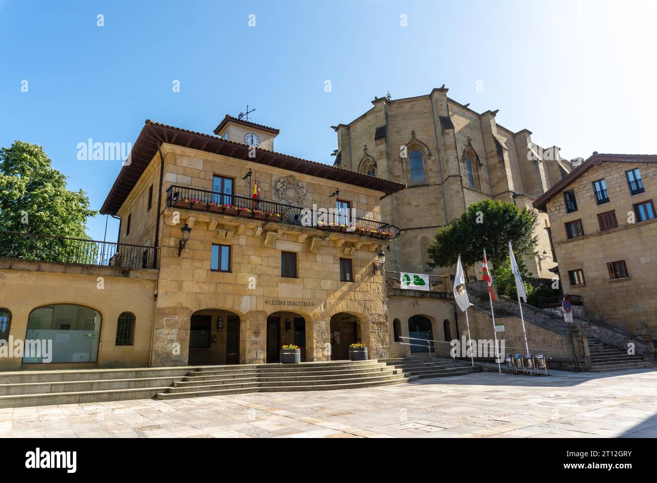 Town square with the town hall in the municipality of Lezo, the small coastal town in the province of Gipuzkoa, Basque Country. Spain Stock Photo