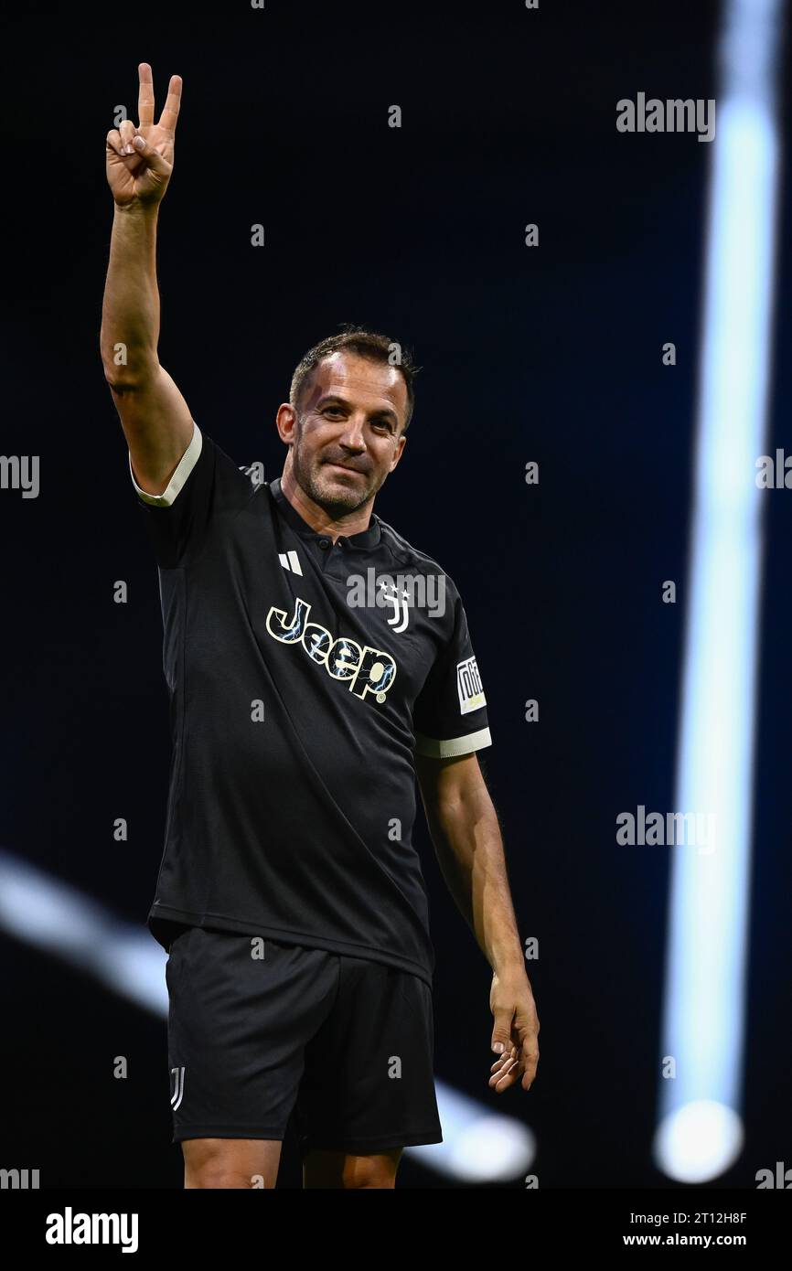 Turin, Italy. 10 October 2023. Alessandro Del Piero during the 'Together, a Black & White Show', an event organized by Juventus FC as of the celebrations for the 100 years of the Agnelli family as president of the club. Credit: Nicolò Campo/Alamy Live News Stock Photo