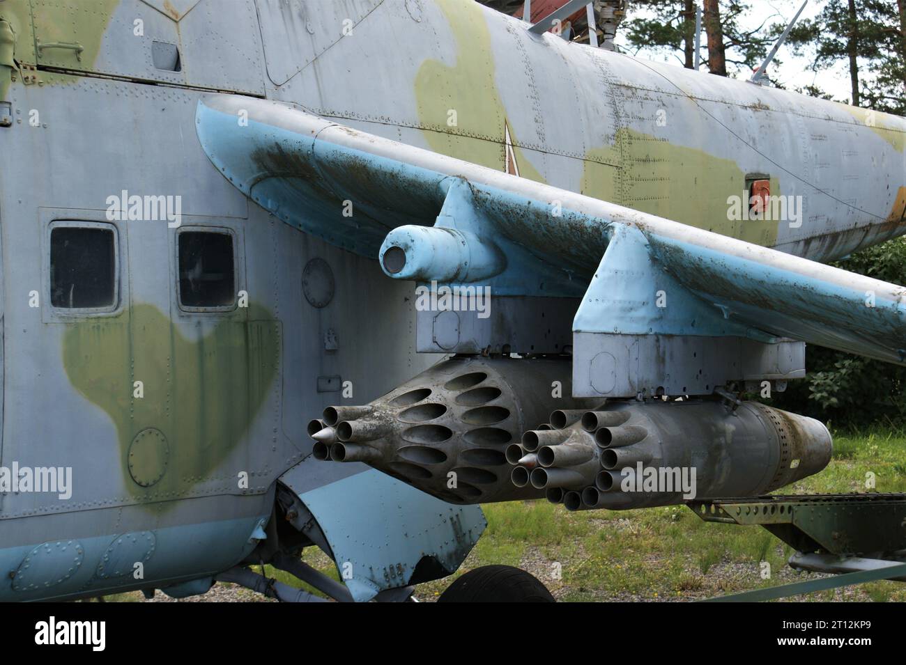 An old helicopter missile launch system. Military aviation of the Soviet Union. Stock Photo