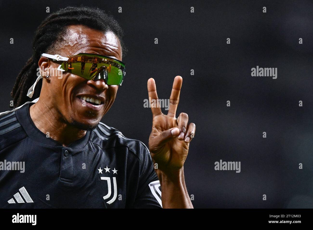 Turin, Italy. 10 October 2023. Edgar Davids gestures during the 'Together, a Black & White Show', an event organized by Juventus FC as of the celebrations for the 100 years of the Agnelli family as president of the club. Credit: Nicolò Campo/Alamy Live News Stock Photo
