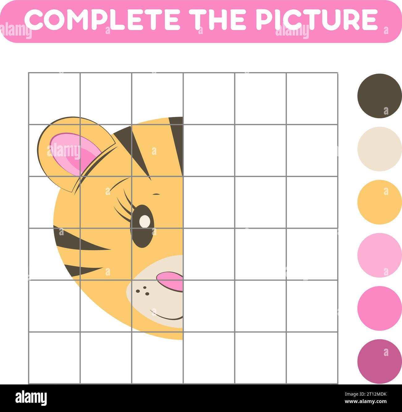 Complete the picture of cute cartoon tiger. Educational worksheets for kids. Stock Vector