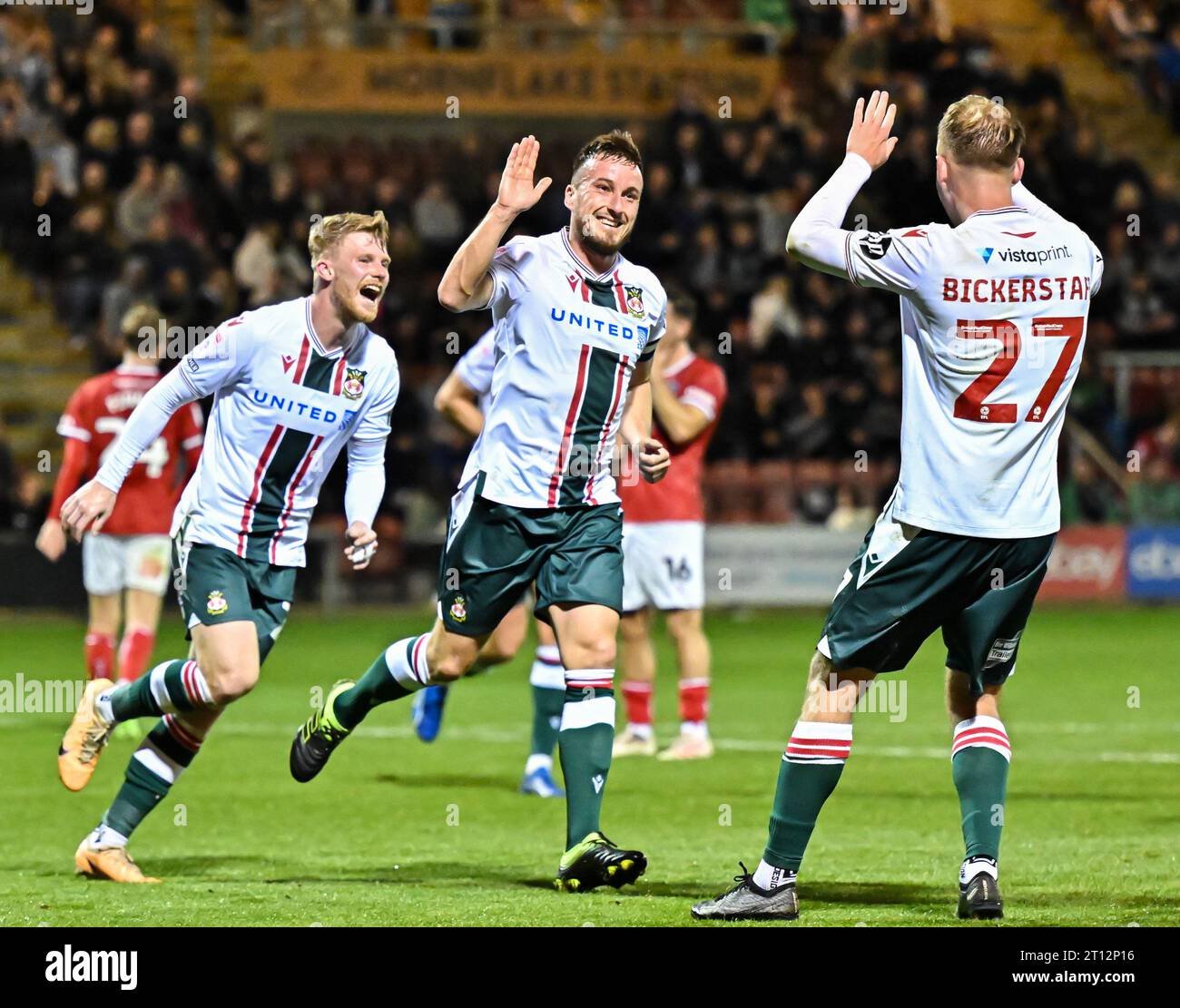Crewe, UK. 10th Oct, 2023. Luke Young 8 of Wrexham Association Football Club celebrates scoring Crewe, UK. 10th Oct, 2023. Luke Young 8 of Wrexham Association Football Club celebrates scoring