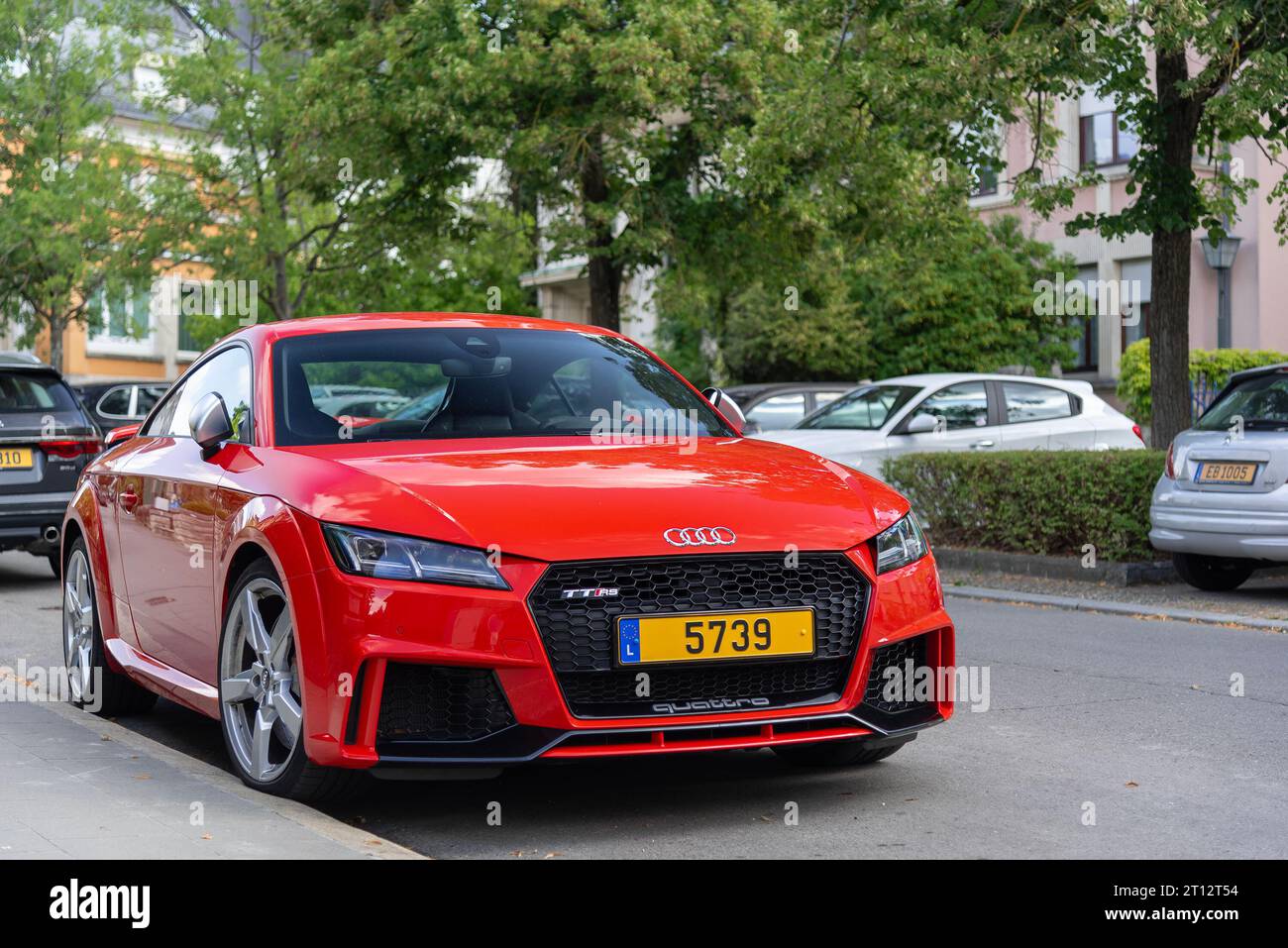 Red Audi TT RS parked in a street Stock Photo