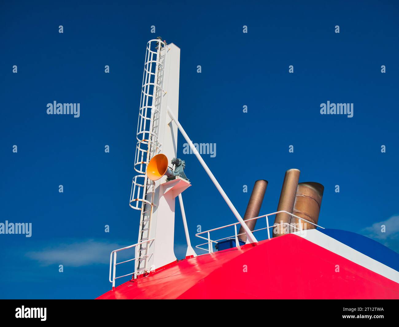 The red, white and blue corporate coloured superstructure of the Stena Line roll on roll off ferry operating in the Irish Sea between Birkenhead and B Stock Photo