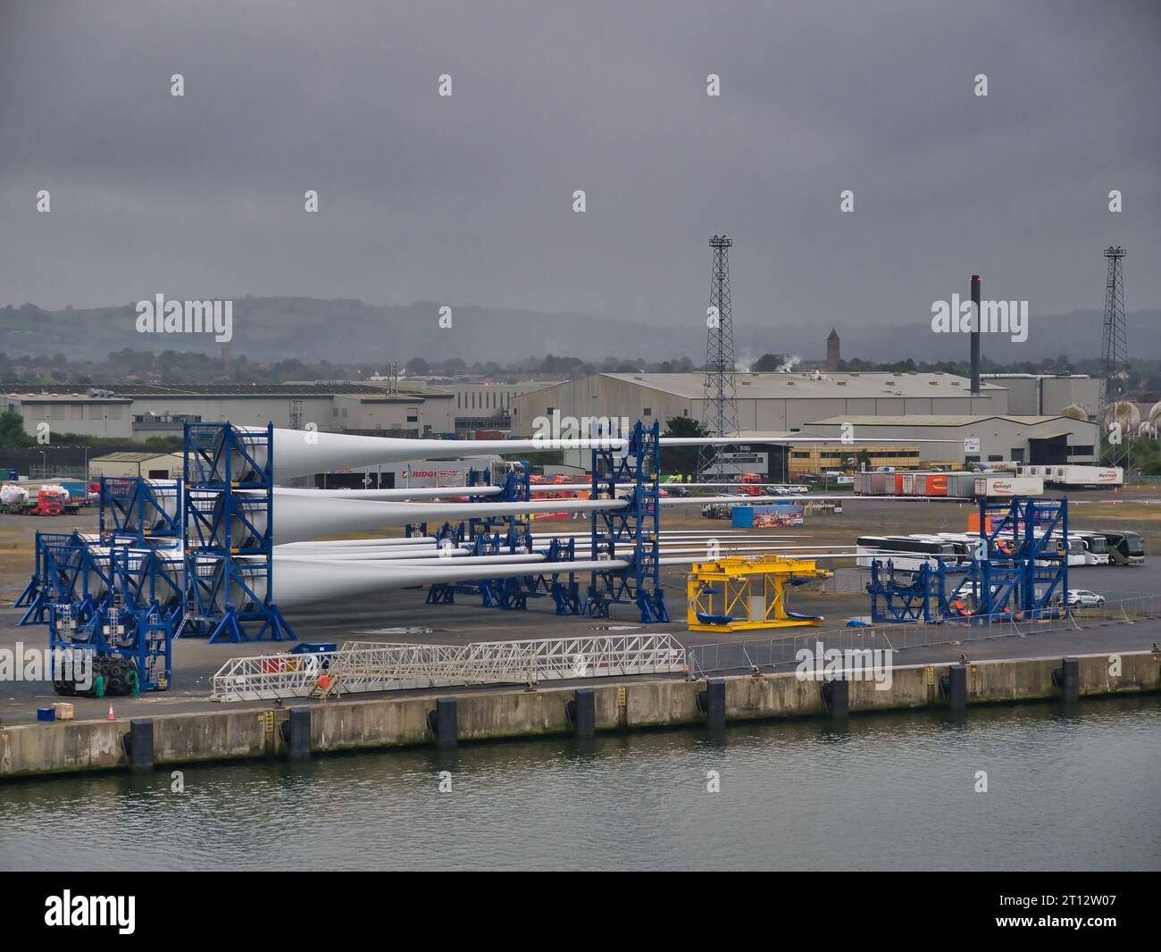 Wind turbine blades stacked for shipping at the Port of Belfast, Northern Ireland, UK Stock Photo