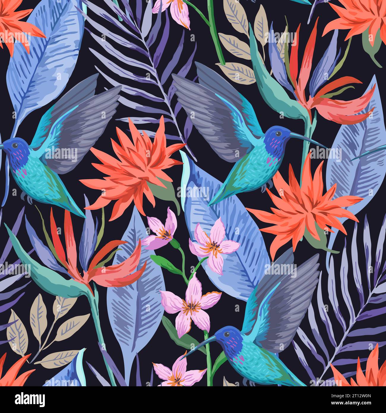 Colorful tropical seamless pattern with exotic birds and flowers. Vector illustration. Stock Vector