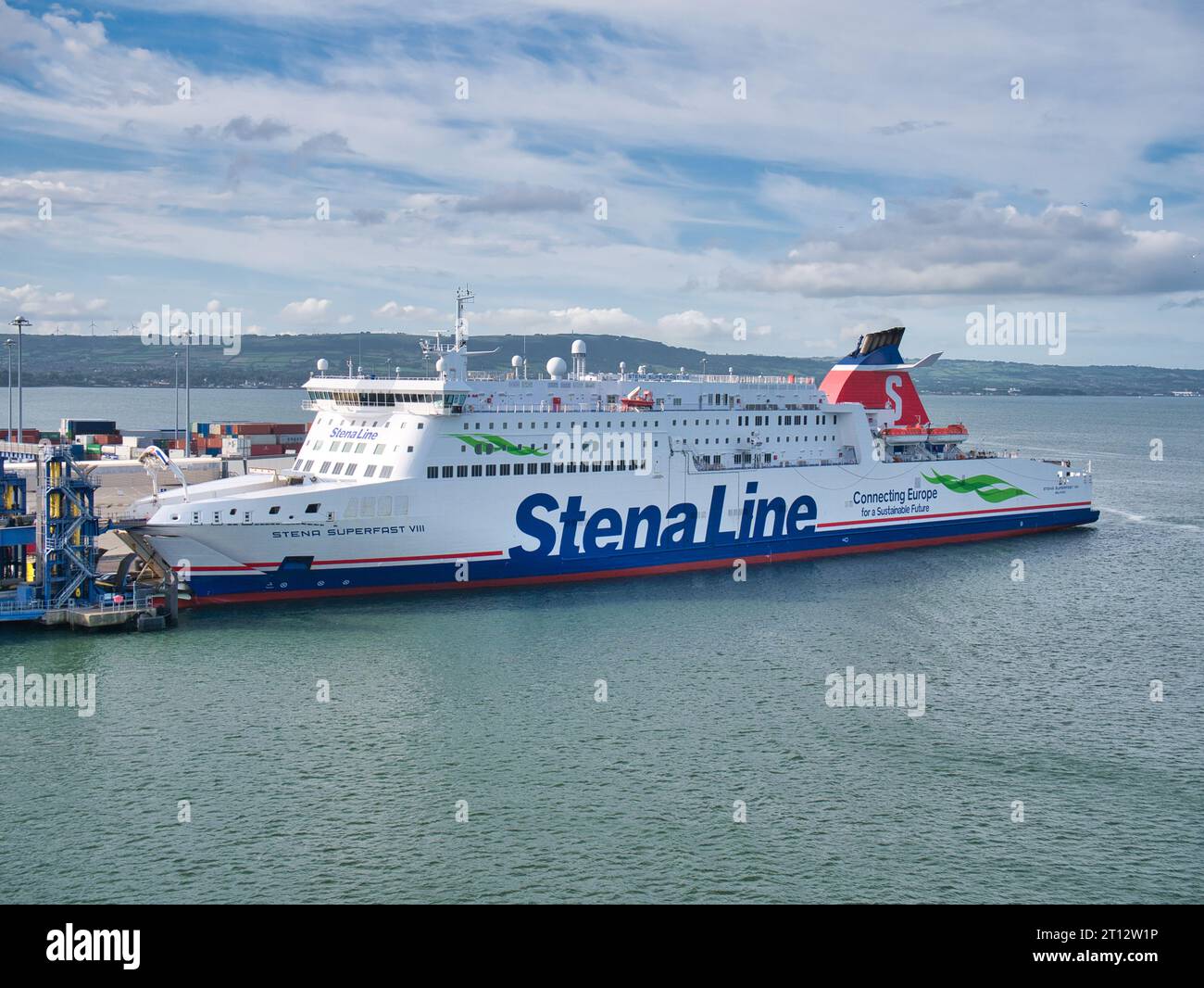 The Stena Line  Ro-Pax ferry Stena Superfast VIII moored at the Port of Belfast, Northern Ireland. The ship operates on the Belfast - Cairnryan route Stock Photo