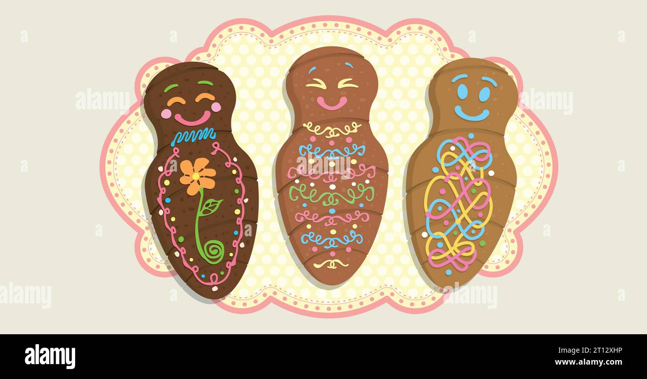 Guaguas de pan - Bread doll decorated with color lines in Spanish language - Top view of 3 different decorated breads on a yellow oval tablecloth Stock Vector