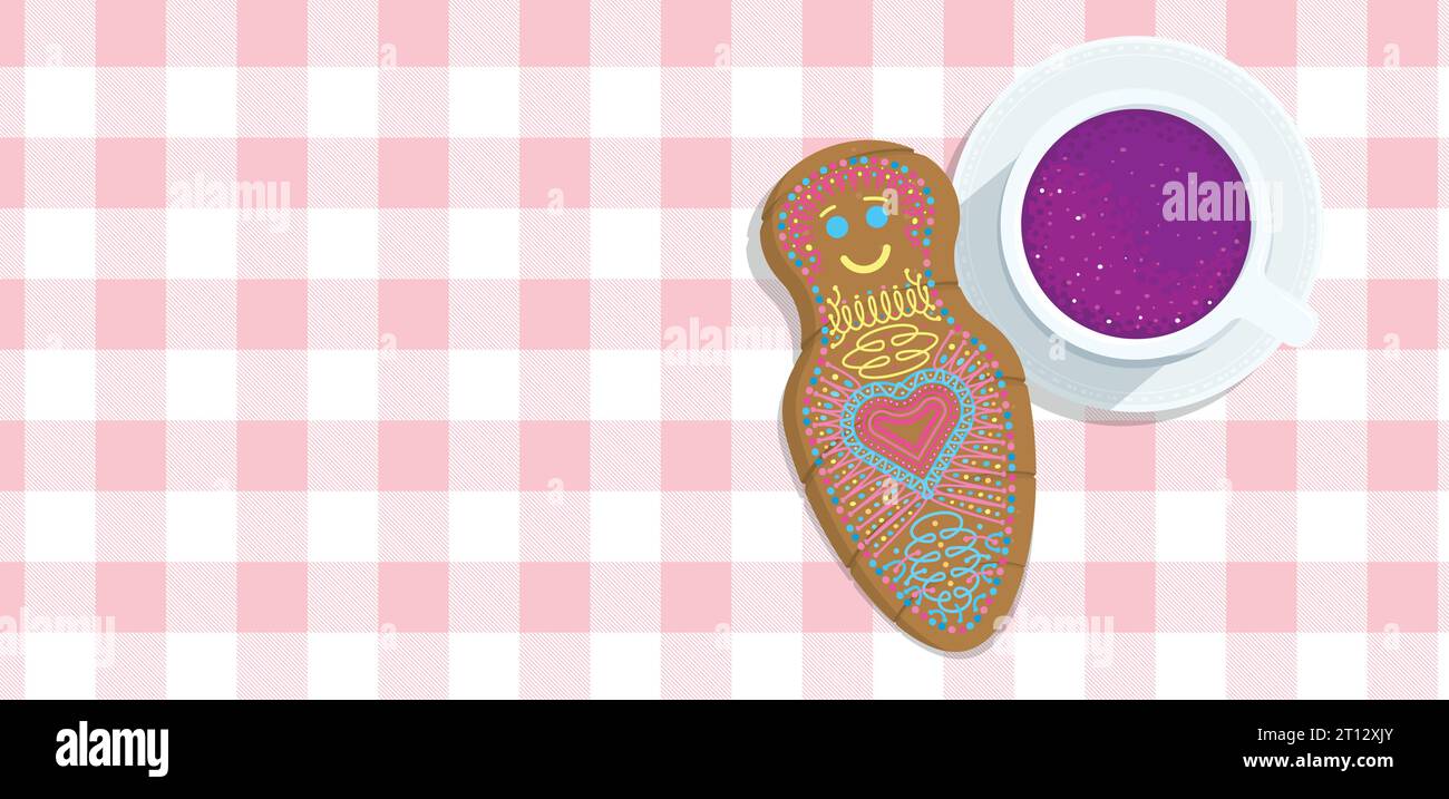 Guagua de pan - Bread doll decorated with color lines in Spanish language - Top view of bread next to a white cup with purple colada on a pink checker Stock Vector