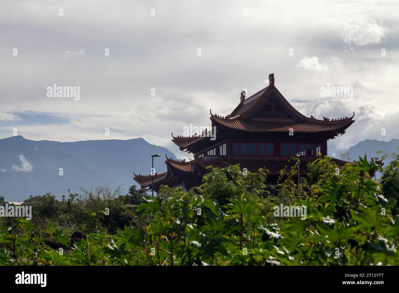 Guan Di temple overlooking from a hilltop Saint-Pierre de la Reunion. Stock Photo