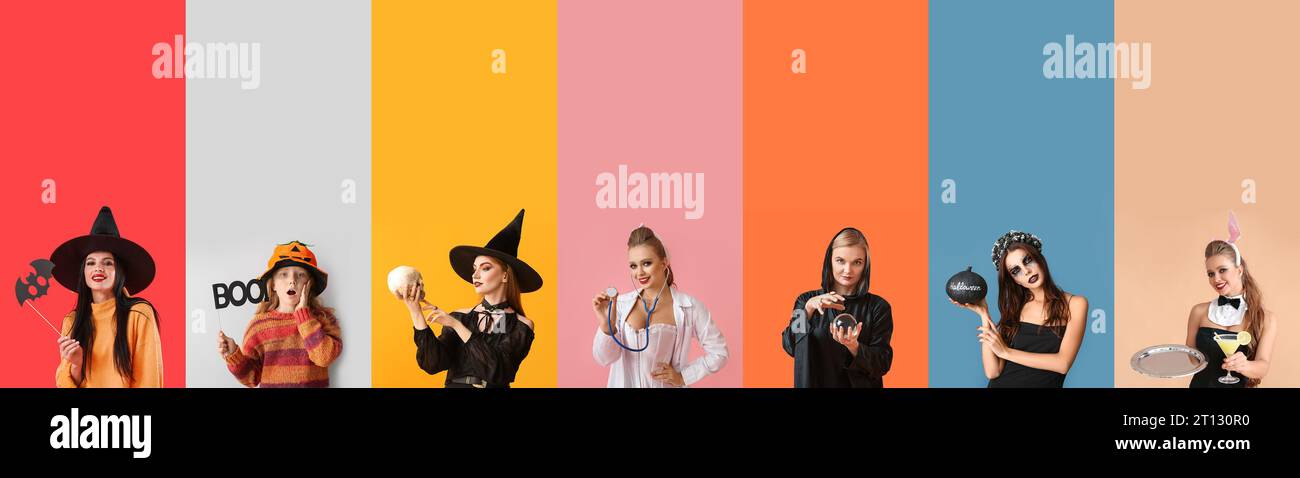 Set of people dressed for Halloween party on color background Stock Photo