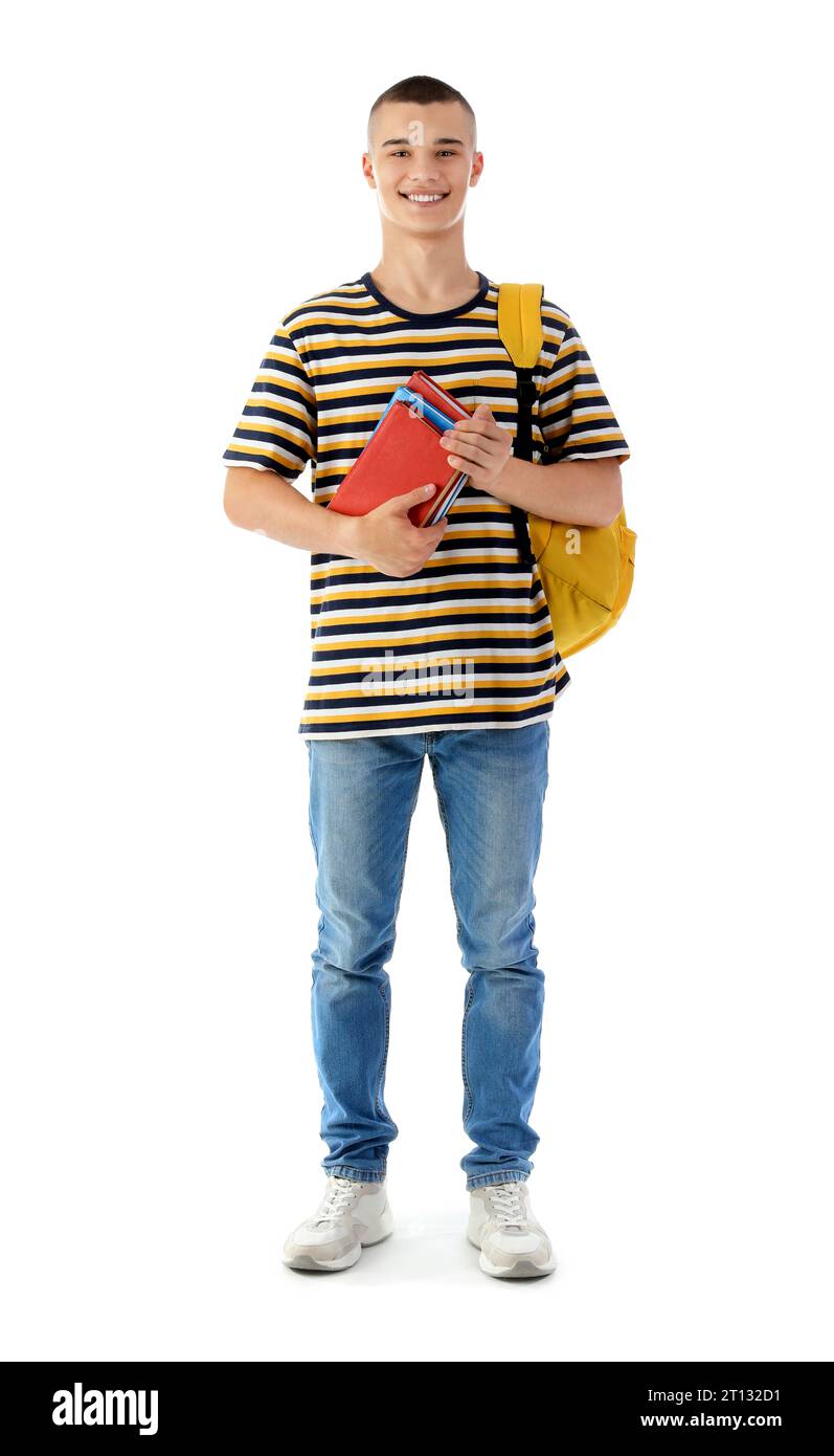 Happy male student with backpack and books isolated on white background ...