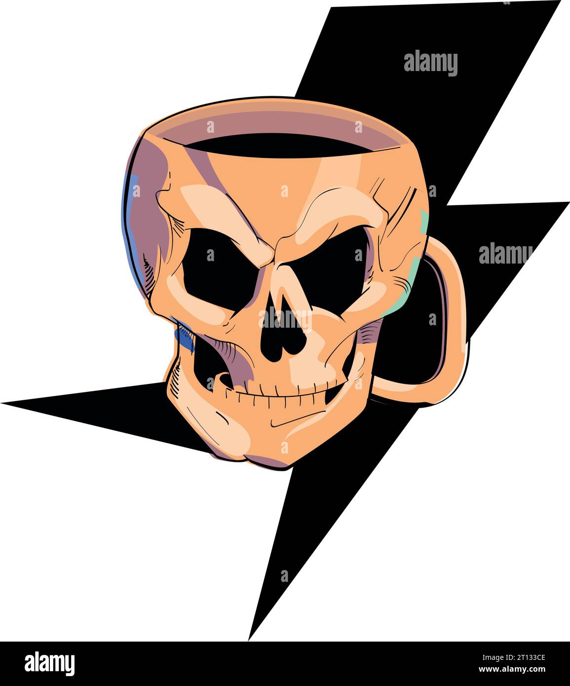 Design for a mug t-shirt with the shape of a skull and the symbol of thunderbolt. Good illustration for alcoholism. Stock Vector