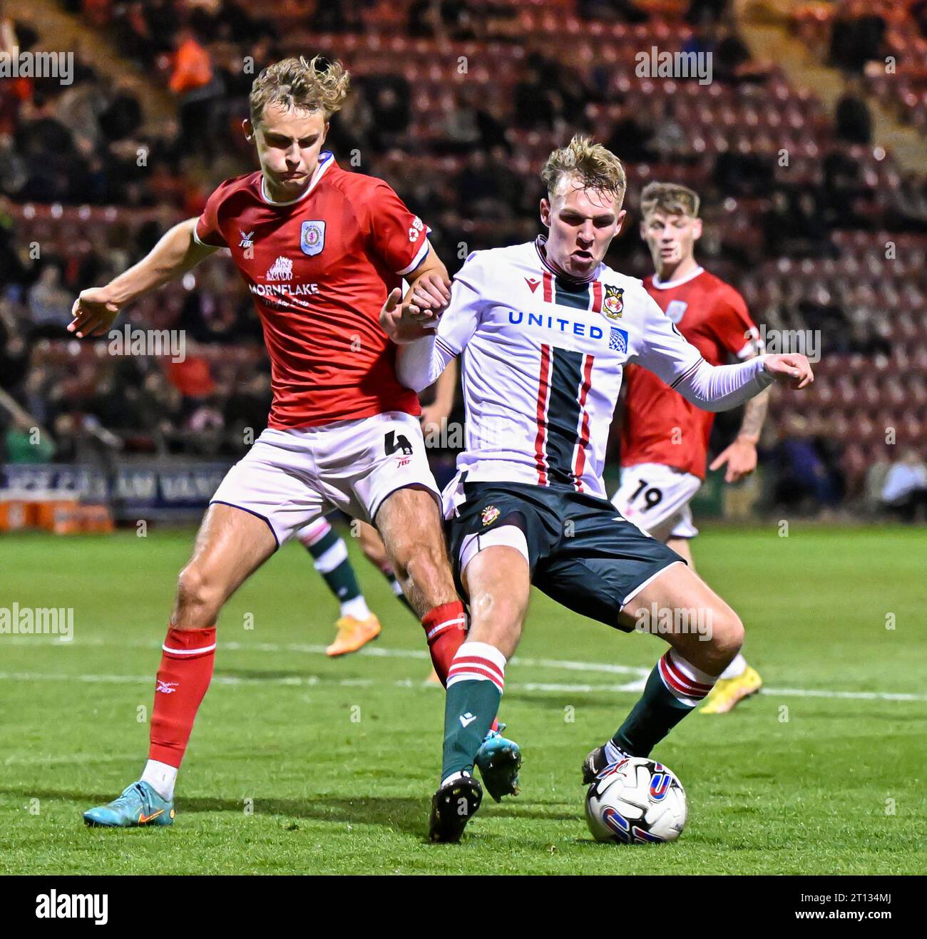 Crewe, UK. 10th Oct, 2023. Jake Bickerstaff 27 of Wrexham Association Football Club and Zac Crewe, UK. 10th Oct, 2023. Jake Bickerstaff 27 of Wrexham Association Football Club and Zac