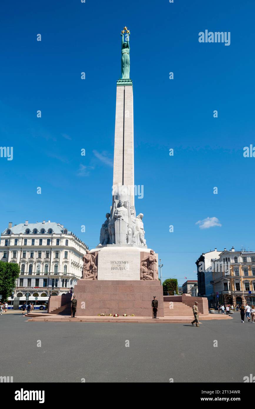 A view of Br v bas Piemineklis, the Latvian War of Independence Memorial; Street scene from Vecpils ta (Old Town), Riga, Latvia. Stock Photo