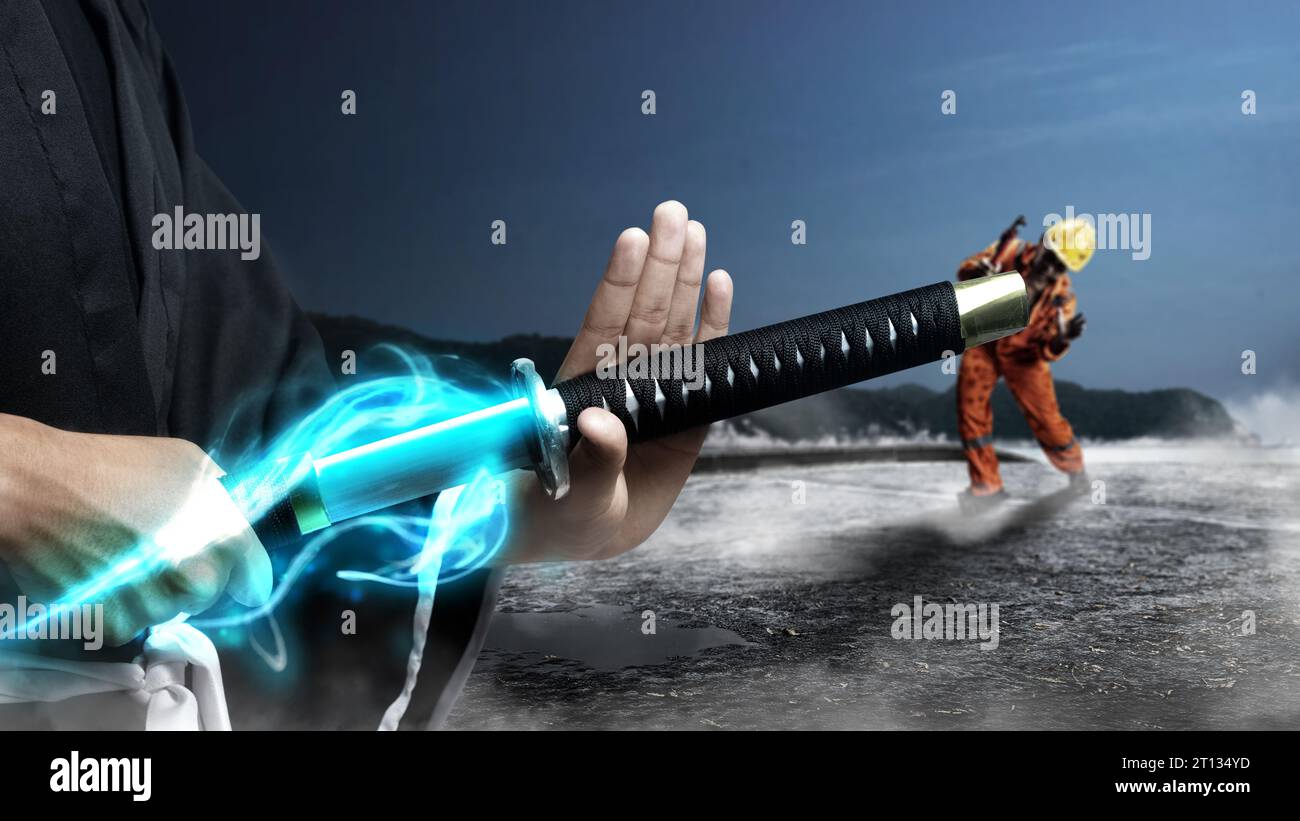 Samurai warriors gripping the sword fight against scary zombies while