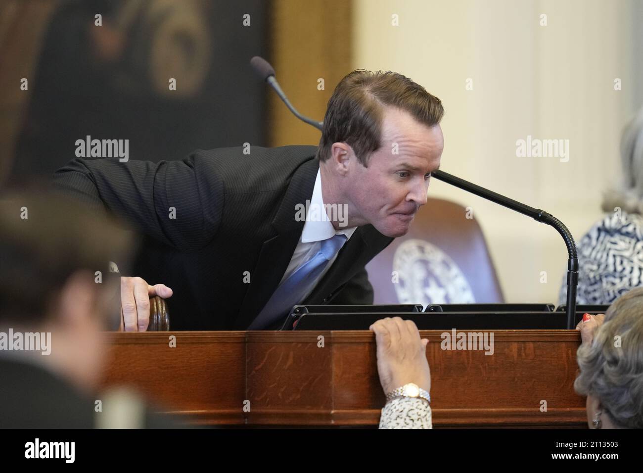 Austin Texas USA, October 9 2023: Texas House Speaker Dade Phelan works on the dais in the House chamber on the first day of the third called special session. ©Bob Daemmrich Stock Photo