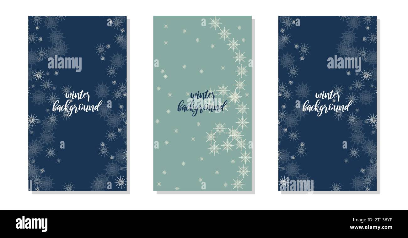 Background in social networks stories winter theme. Snowflakes dark blue background. Vertical background template. Insta style elements nature in blue white and dark blue tones. Vector illustration. Stock Vector