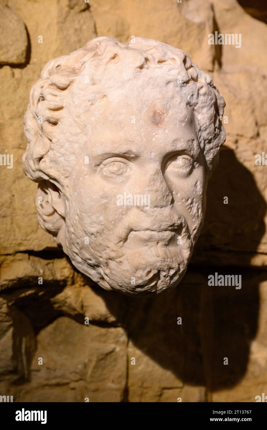 Emperor Septimius Severus. Severian period (around 200 AD). White marble. Found in Strassen (Tossenberg?), Luxembourg. Stock Photo