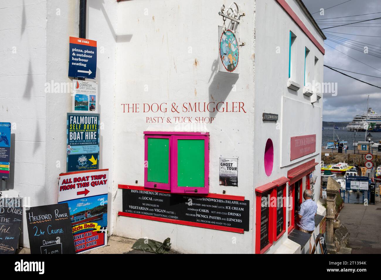 Falmouth town centre, The Dog and Smuggler pasty and tuck shop beside the pier harbour,Cornwall,England,UK Stock Photo