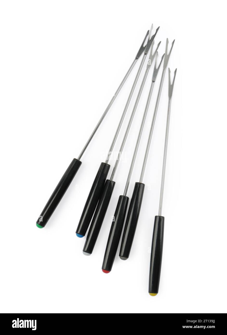 Set of fondue forks isolated on white, top view. Kitchen equipment