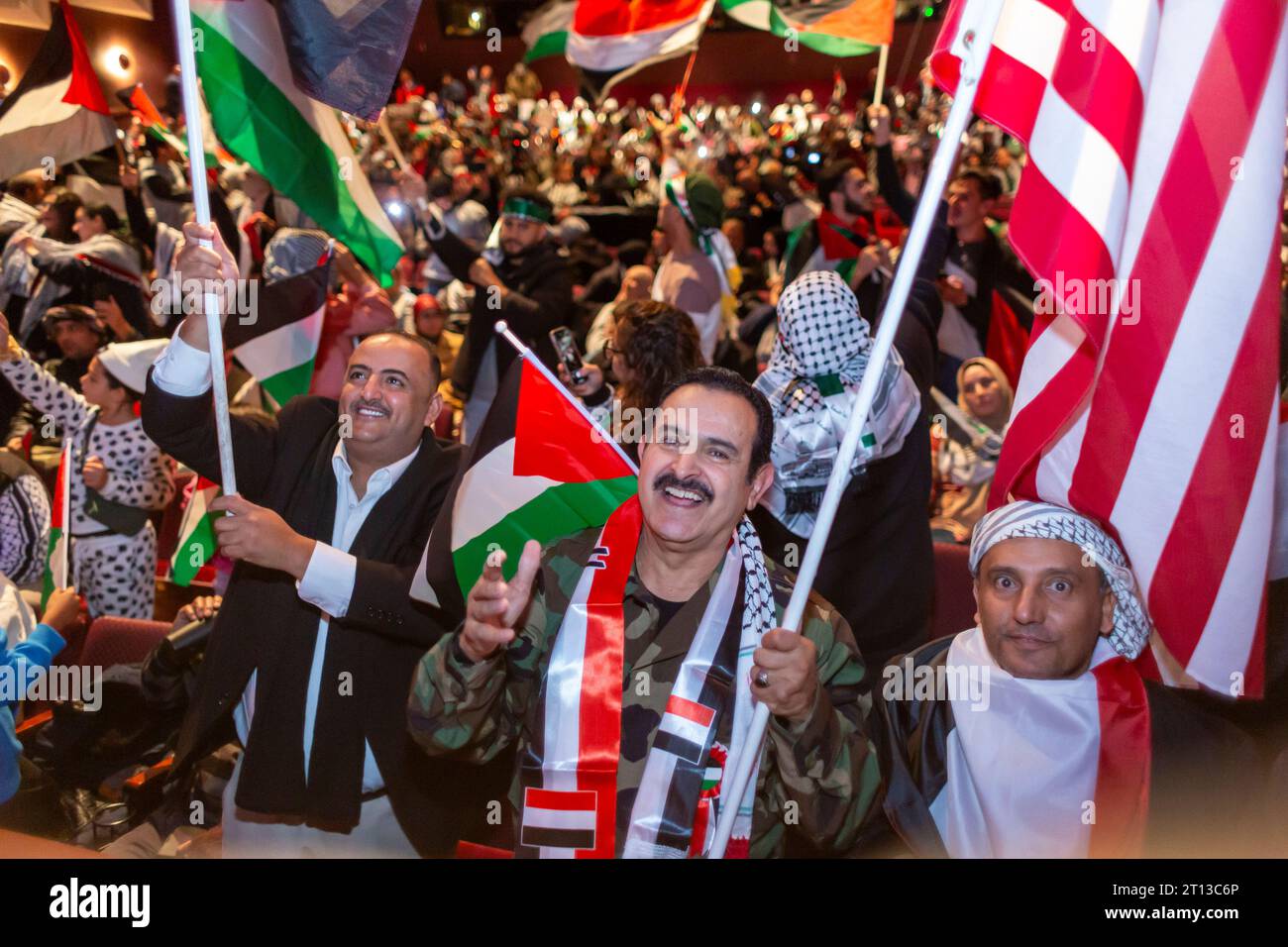 Dearborn, Michigan, USA. 10th Oct, 2023. Arab-Americans packed a city auditorium to support Palestine, as Israel dropped bombs and prepared to invade Gaza in retaliation for the Hamas military strike that killed hundreds of Israeli civilians. Credit: Jim West/Alamy Live News Stock Photo