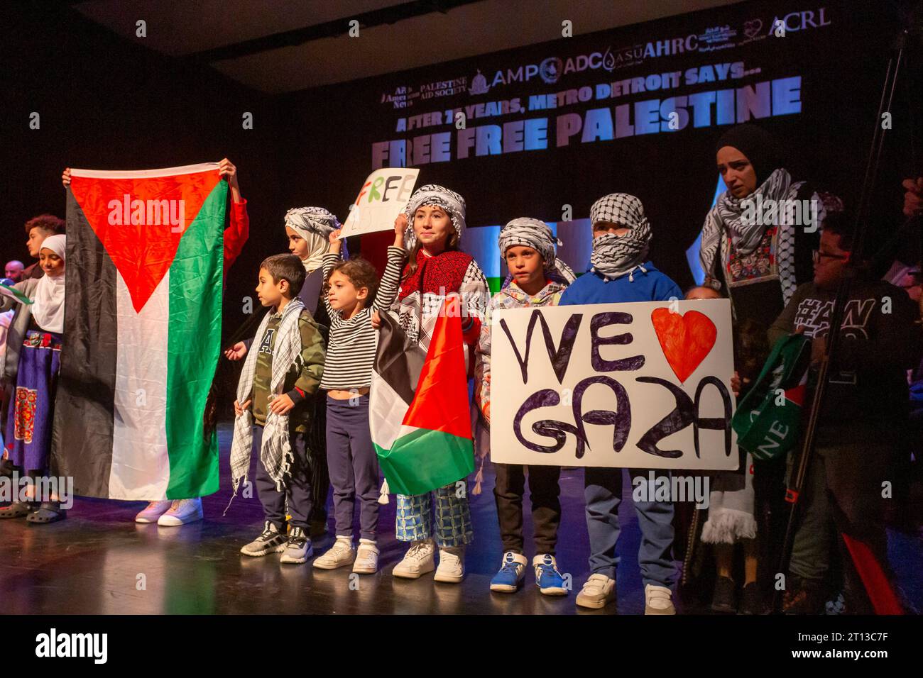 Dearborn, Michigan, USA. 10th Oct, 2023. Arab-Americans packed a city auditorium to support Palestine, as Israel dropped bombs and prepared to invade Gaza in retaliation for the Hamas military strike that killed hundreds of Israeli civilians. Credit: Jim West/Alamy Live News Stock Photo