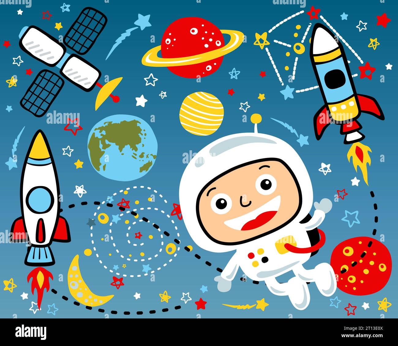 Vector cartoon of cute little boy in astronaut costume with space ...