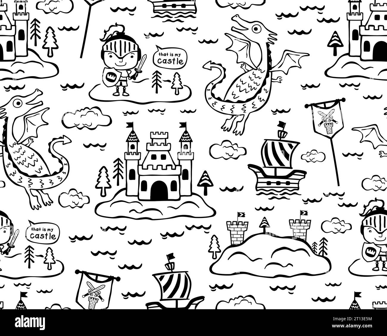 Seamless pattern vector illustration of hand drawn fairyland elements cartoon Stock Vector