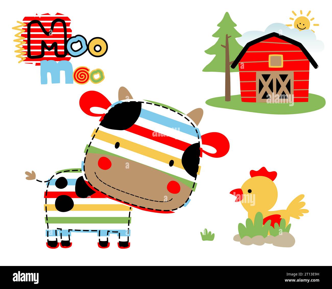Vector cartoon of funny cow and chicken with barn. Farm elements cartoon Stock Vector