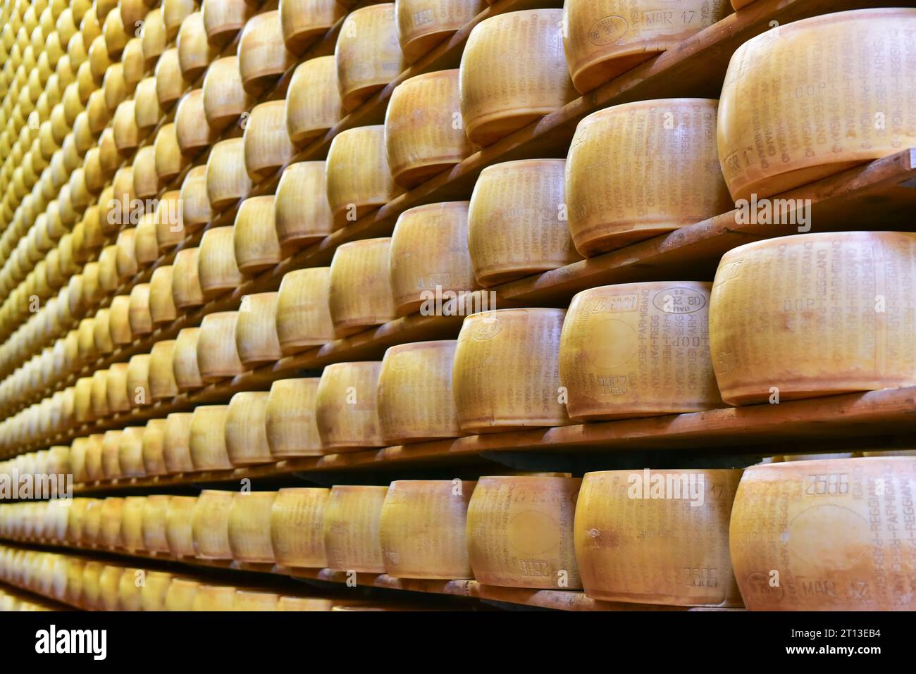 Parmesan cheese aging on wooden shelves in 4 Madonne Caseificio dell'Emilia, a Parmigiano Reggiano DOP producer. Lesignana, Modena, Italy, Dec 2017 Stock Photo