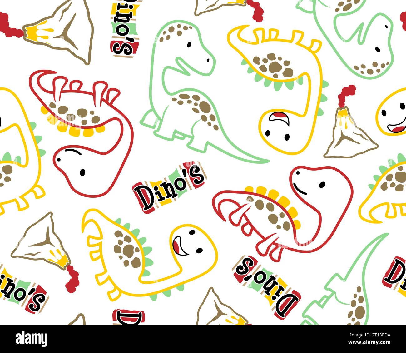 Seamless pattern vector with dinosaurs cartoon in colorful outline. Stock Vector