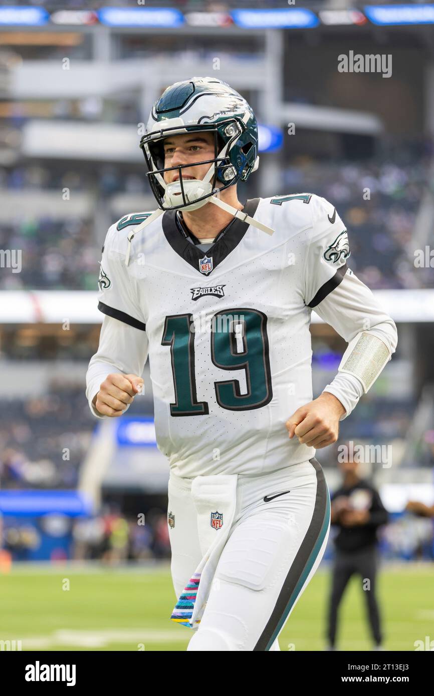 Philadelphia Eagles quarterback Tanner McKee (19) walks off the field