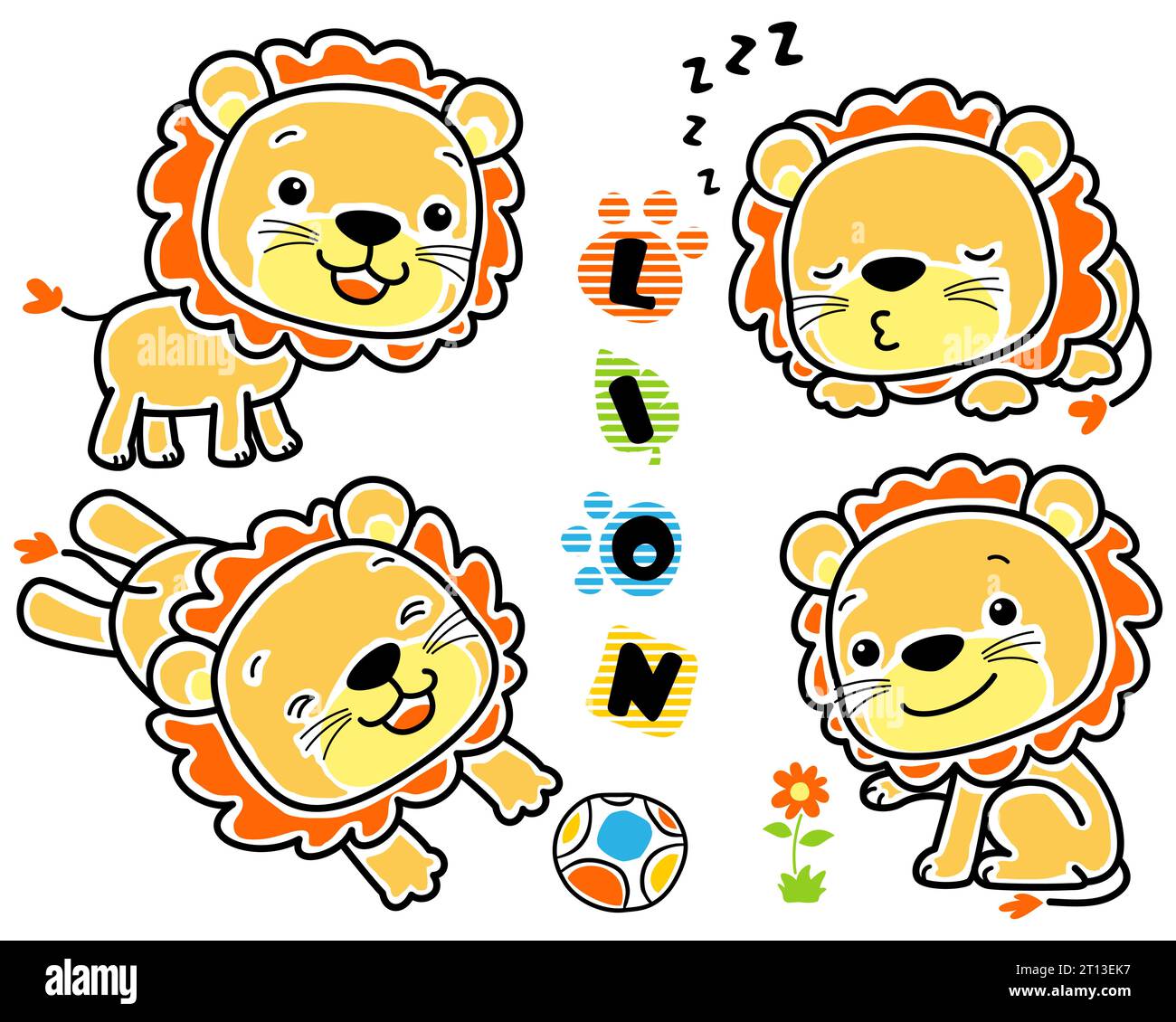Vector set of hand drawn baby lion cartoon in different activity Stock Vector
