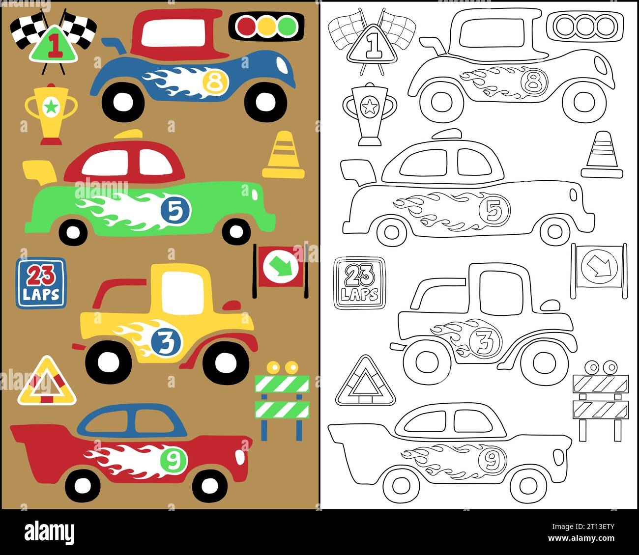 Vector illustration of vintage race cars with racing elements cartoon, coloring book or page Stock Vector