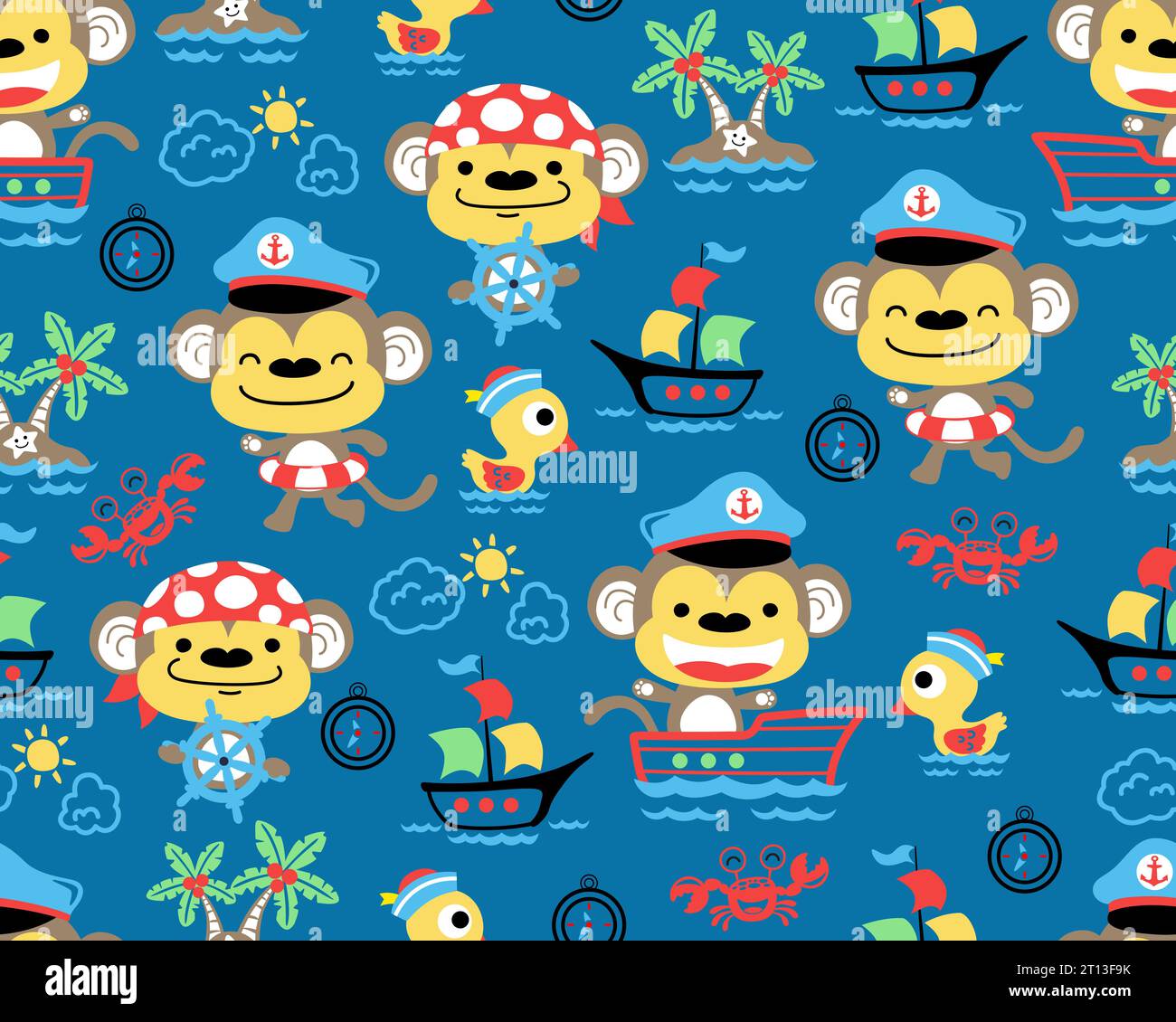 Vector of seamless pattern with monkeys cartoon on sailing theme set. Stock Vector