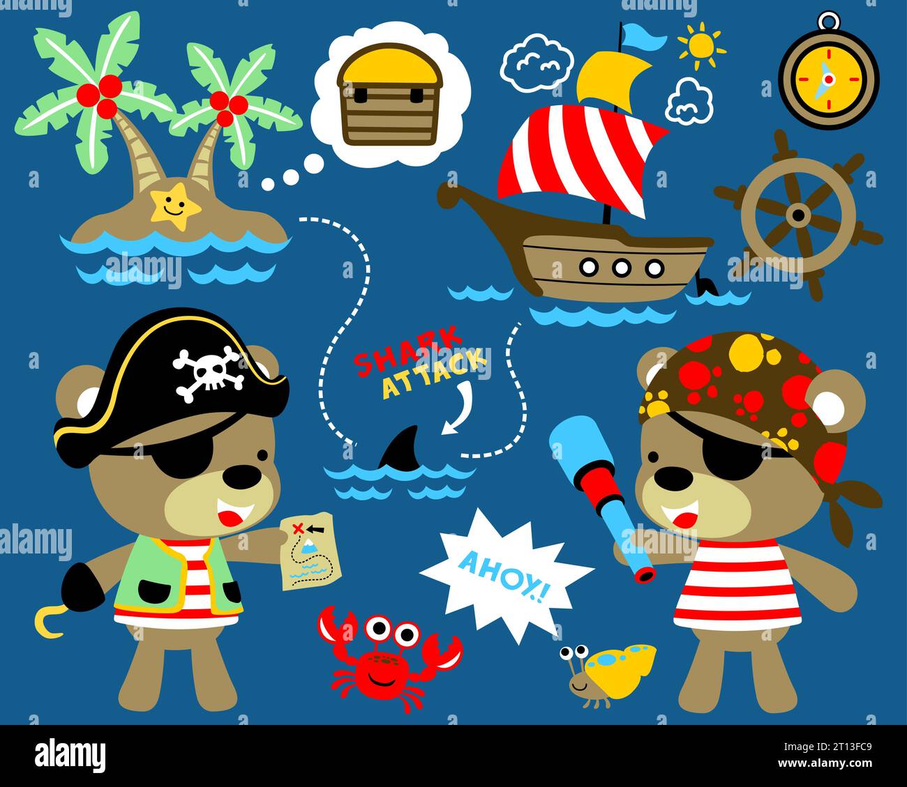 vector illustration of sailing theme set cartoon with funny pirates. Teddy bear in pirate costume with sailing elements Stock Vector