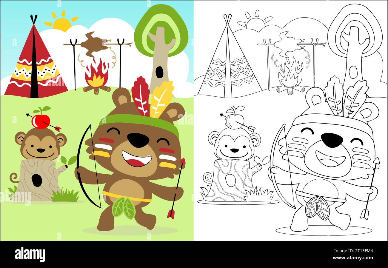 Coloring book vector of funny bear and monkey in Indian tribes costume playing archery Stock Vector