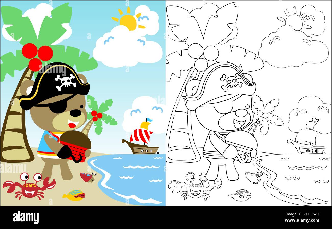 Coloring book vector of cute bear in pirate costume carrying treasure chest in the beach with little marine animals Stock Vector