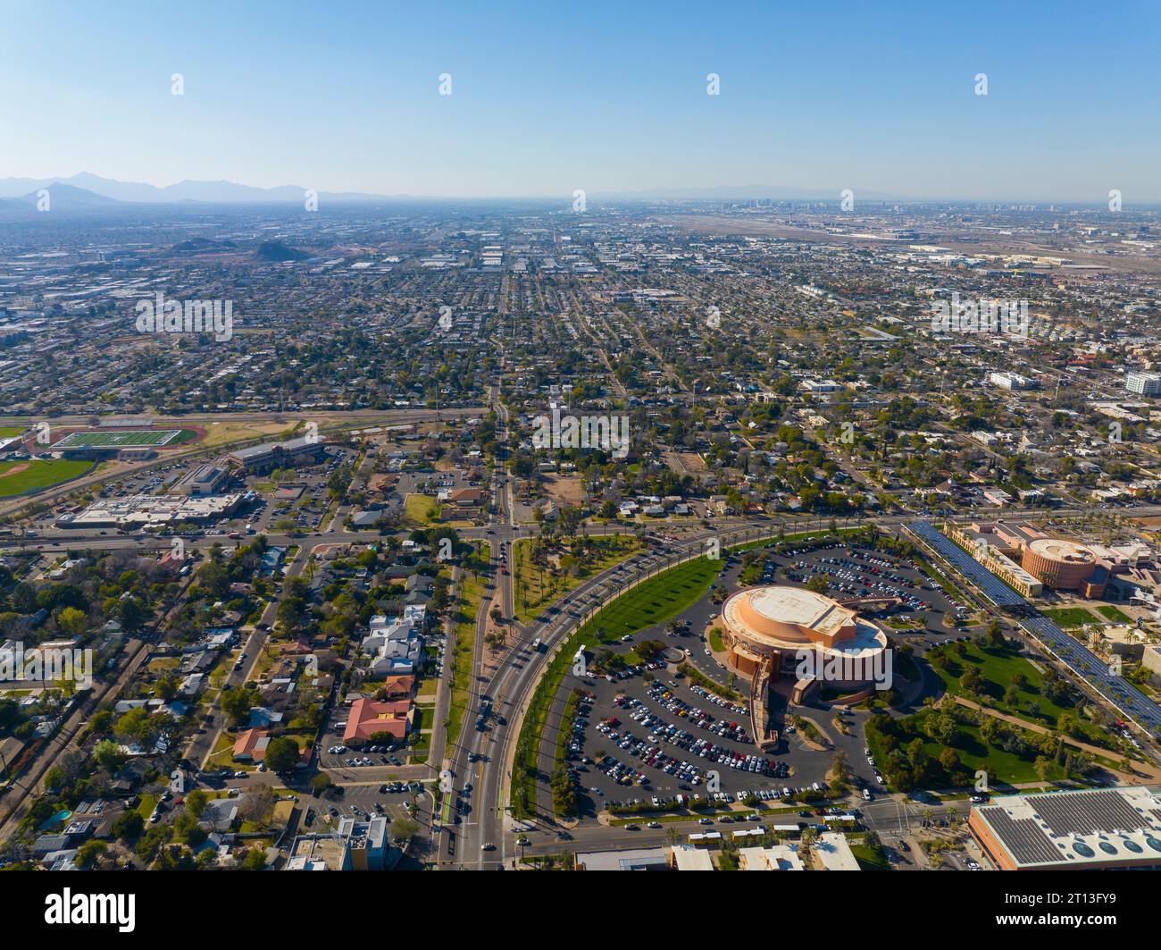 Arizona State University ASU including Gammage Auditorium in main campus aerial view in city of Tempe, Arizona AZ, USA. Stock Photo