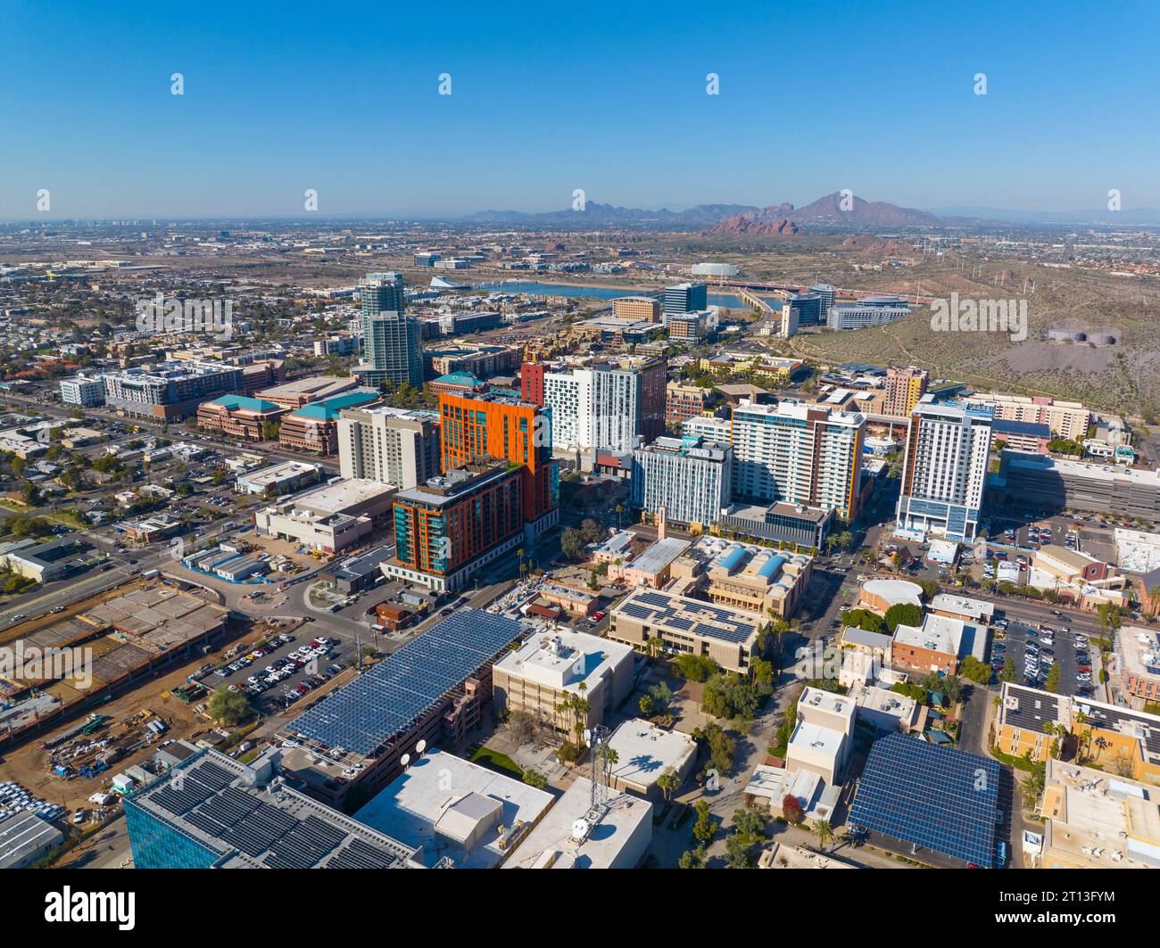 Tempe city downtown and Arizona State University ASU main campus aerial view in city of Tempe, Arizona AZ, USA. Stock Photo