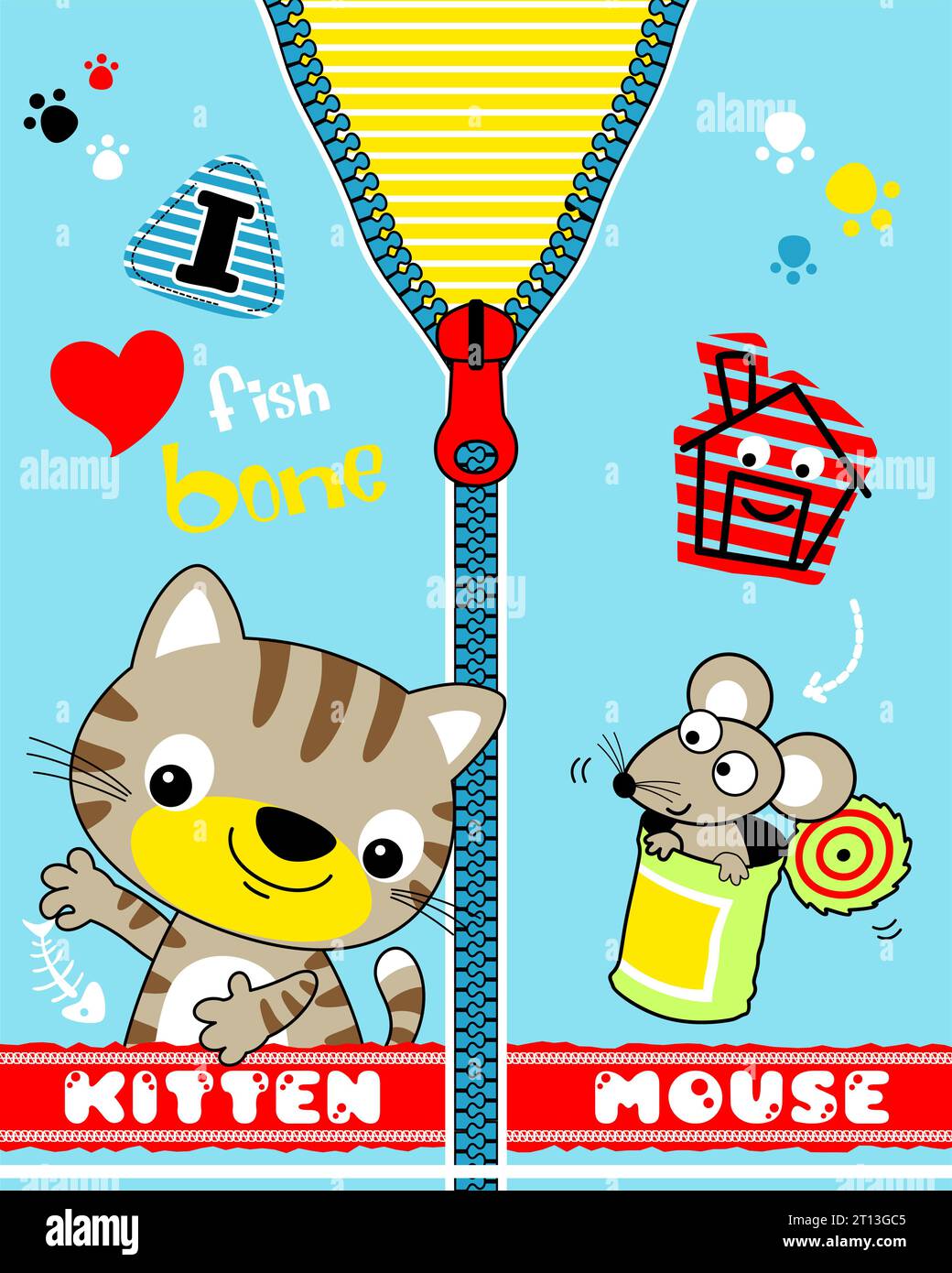 Animals cartoon vector, kitten and mouse in kids apparel pattern Stock Vector