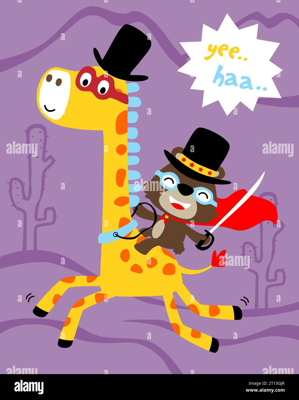 Funny animals cartoon, giraffe and bear in superhero costume Stock