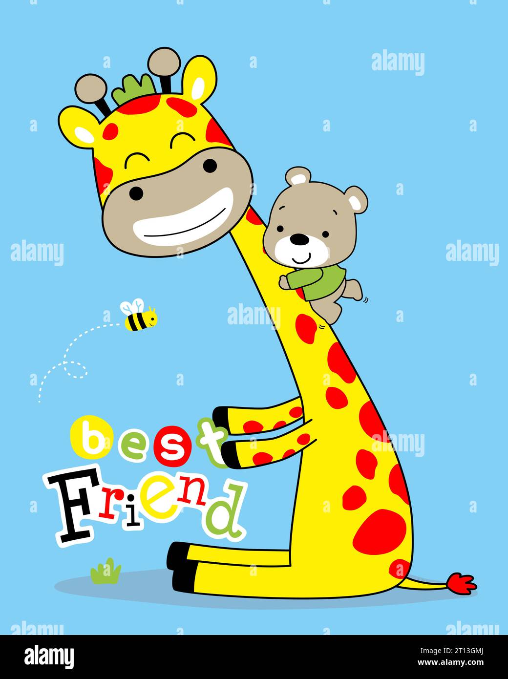 Animal Cartoon Vector Little Bear Climb On Giraffe s Neck Bee Flying animal-cartoon-vector-little-bear-climb-on-giraffe-s-neck-bee-flying