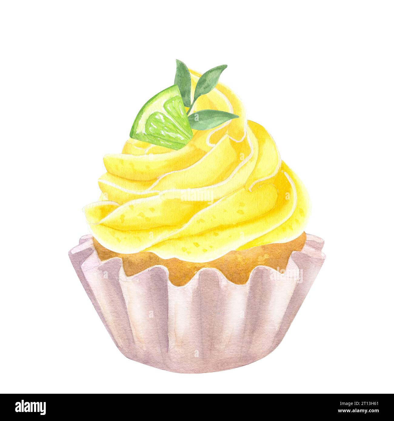 Watercolor cupcake with yellow whipped cream. Decorated with lime, green leaves. Food clipart. Hand drawn illustration isolated on white background Stock Photo