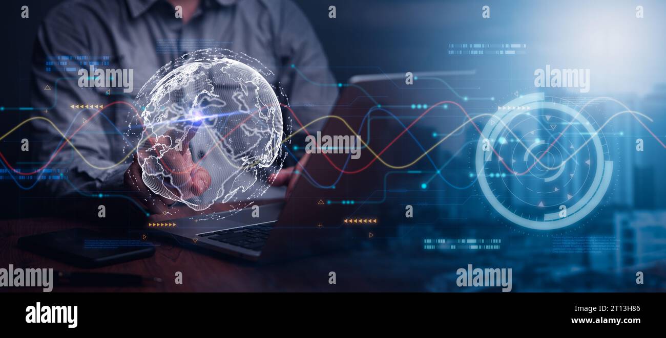 Internet network digital technology, big data, internet network connection, IoT, software development, modern tech concept. Man using laptop cloud com Stock Photo